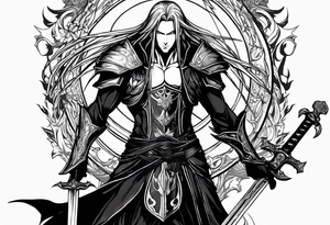 Sephiroth surrounded by flames with his sword and full armour tattoo idea