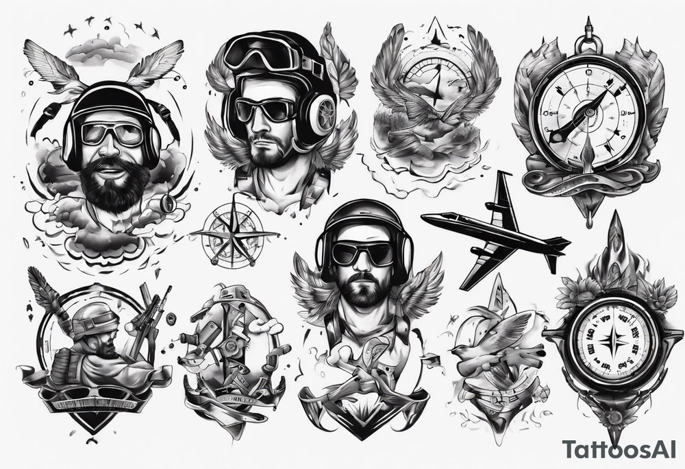 skydiving, shooting guns, compass, adventure tattoo idea