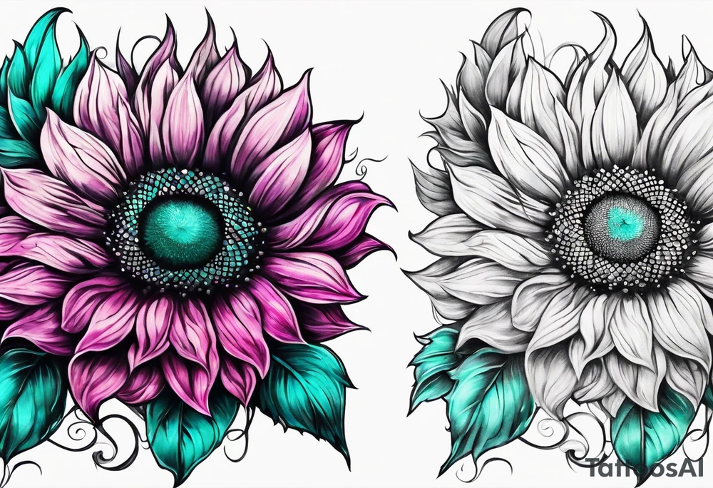 Teal, pink and purple sunflower sleeve tattoo idea