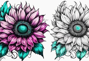 Teal, pink and purple sunflower sleeve tattoo idea
