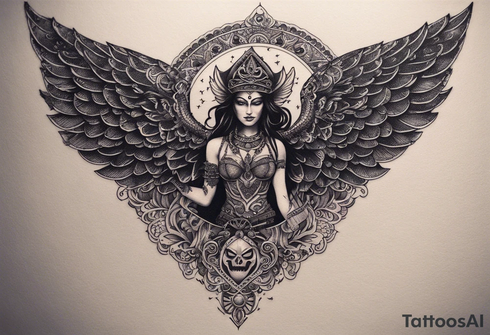 black kali, goddess pirate, alien, angel, pachamama, valkrye, warrior, flying, skull, lotus azul, wing, eagle, zenza resonance, stars, 5D, anahata chakra, death, durga, riding on a tiger, flying lady, kundalini, chest tatoo tattoo idea