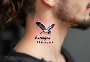 Stork silhouette flying above name Karolína  and numbers "9.9.2019 v 14:10", inked in subtle muted tones. tattoo idea