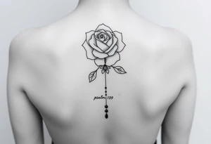Fine line rose flower intertwined with a daisy with the daisy pedals falling down the middle of the back. Also include the words psalm 139 and even there connected to the flowers by dots tattoo idea