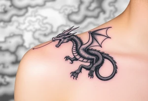 fierce dragon breathing iridescent fire against stormy skies tattoo idea