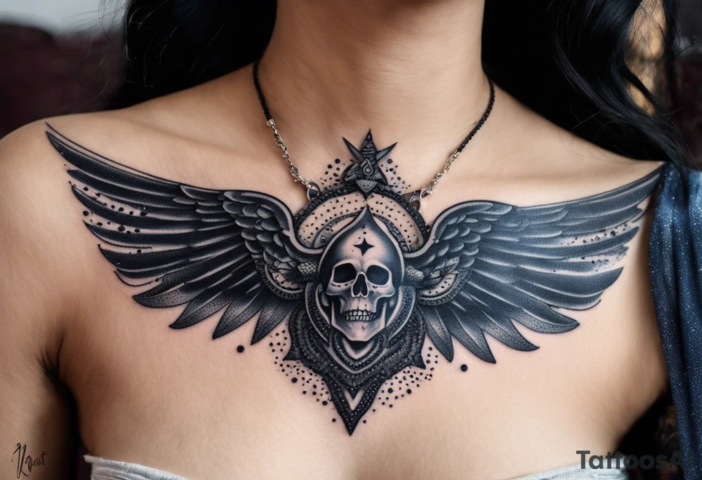 black kali, goddess pirate, alien, angel, pachamama, valkrye, warrior, flying, skull, lotus azul, wing, eagle, zenza resonance, stars, 5D, anahata chakra, death, durga, riding on a tiger, flying lady, chest tatoo tattoo idea