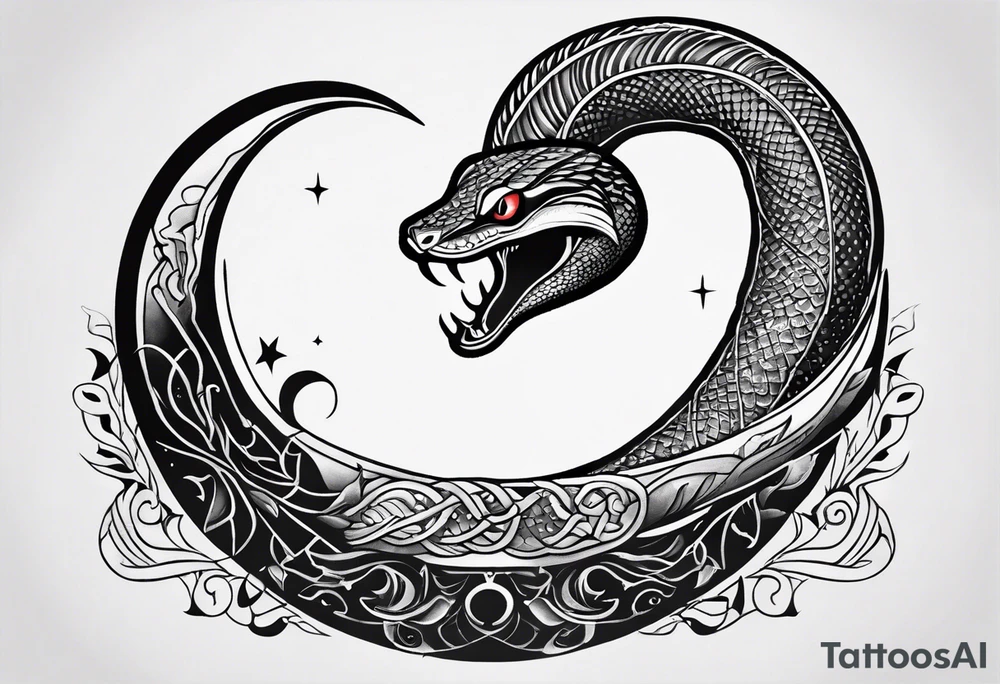 A snake wrapped around a crescent moon, which is connected to the sun which has a cardinal in it, minimalistic tattoo idea
