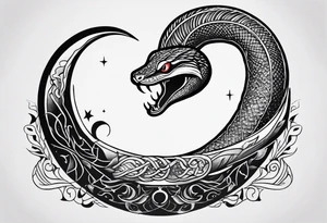 A snake wrapped around a crescent moon, which is connected to the sun which has a cardinal in it, minimalistic tattoo idea