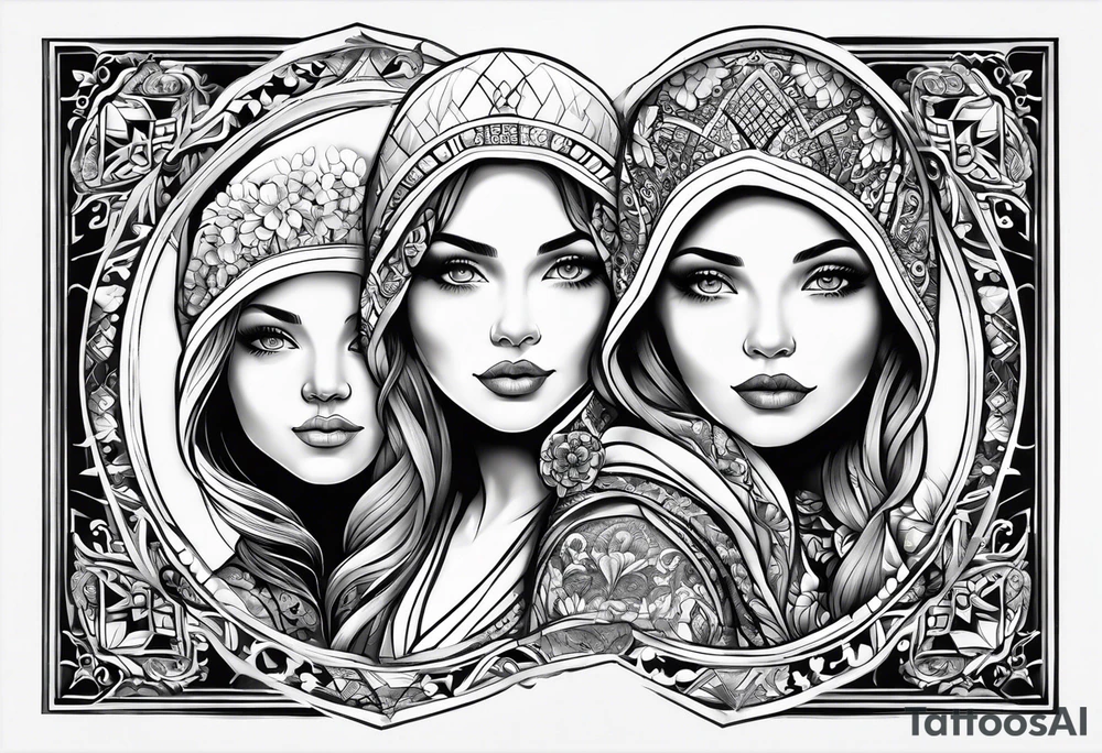 three person side by side. a really really young Daughter on the left, mother in the middle, really really old grandmother on the right. greater age difference, in an artfully decorated frame tattoo idea