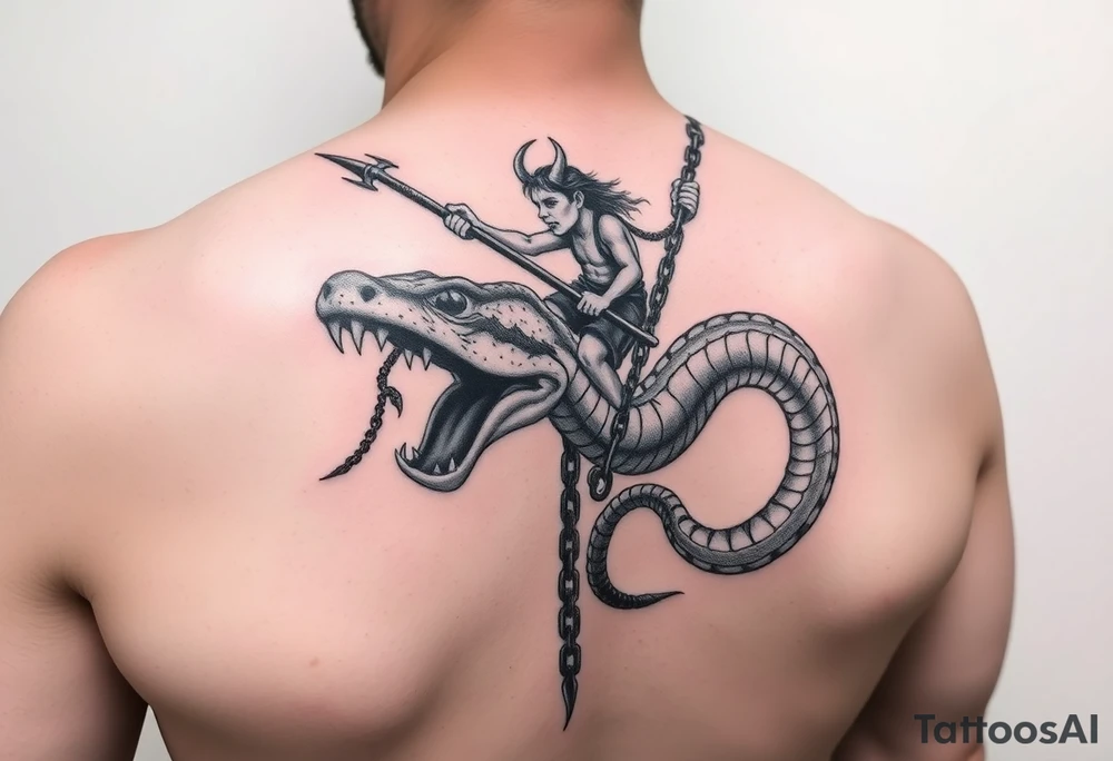 A 2 headed snake with over sized teeth and a weird guy on the back riding the snake holding to the devils trident in 1 hand and the other hand holding a chain that’s around the 2 heads of the snakes neck hanging on as if his life dependent on it tattoo idea