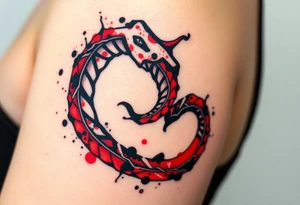 An ink-splattered Ouroboros, appearing as if it was painted in bold brush strokes of deep red and black, symbolizing artistic chaos and creation. tattoo idea