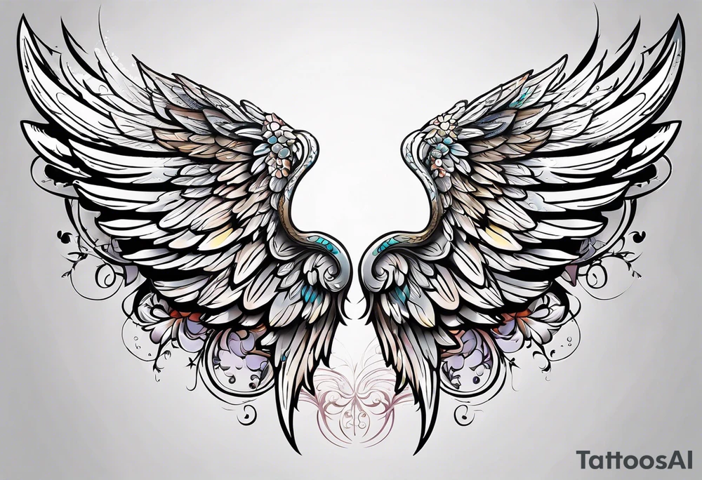 beautiful angel wings. with flilgree in the background tattoo idea