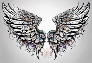 beautiful angel wings. with flilgree in the background tattoo idea