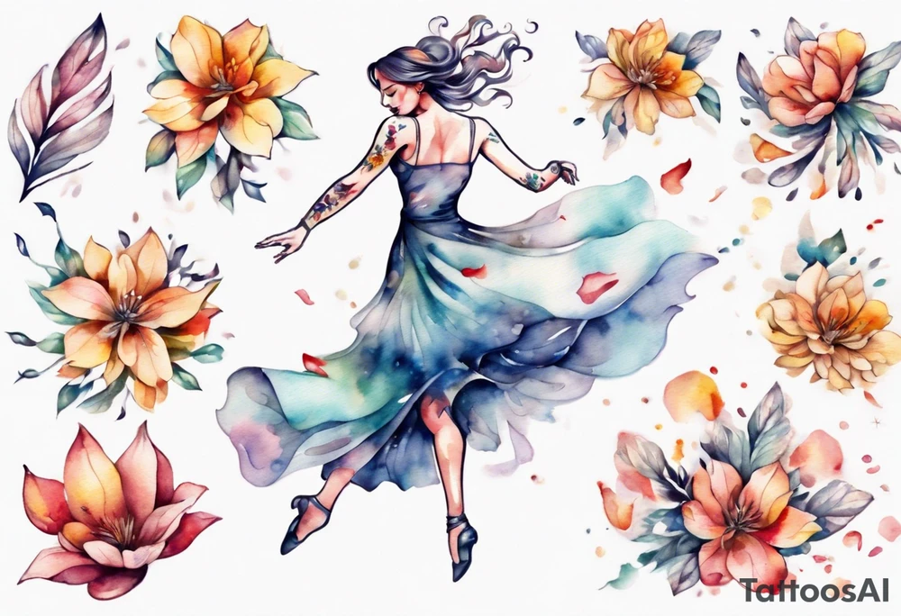 One Very feminine woman dancing in a wind of flower petals tattoo idea