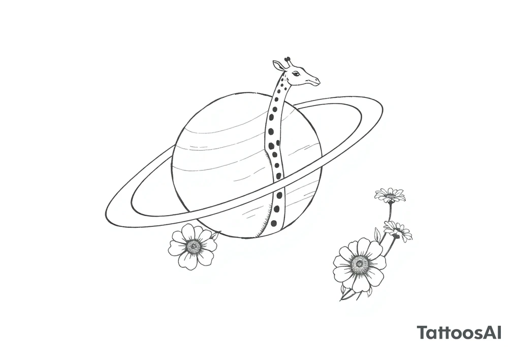 Saturn with a giraffe and marigold flowers tattoo idea