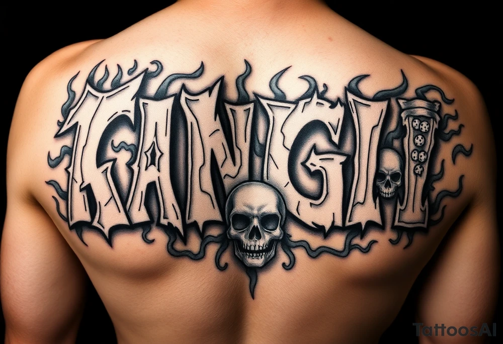 Graffiti in 3d stone style make the letters look carved in stone flame and smoke effect add dice , money, cards, skulls or angel wings tattoo idea