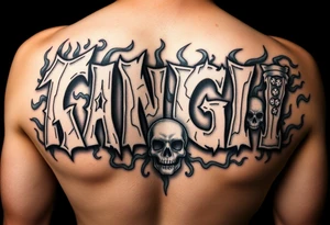 Graffiti in 3d stone style make the letters look carved in stone flame and smoke effect add dice , money, cards, skulls or angel wings tattoo idea