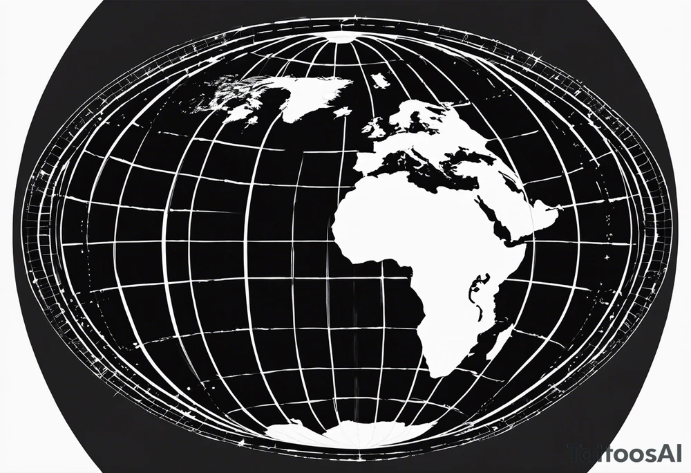 the earth on a flat map with no shading placed on a grid with only the lines with accurate depictions of the borders in countries while having it in an oval/circular position on a grid without any borders on the sides while having the countries not have such bold borders tattoo idea