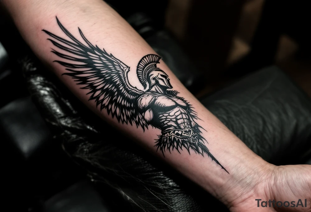 forearm tattoo of a spartan warrior with angel wings tattoo idea