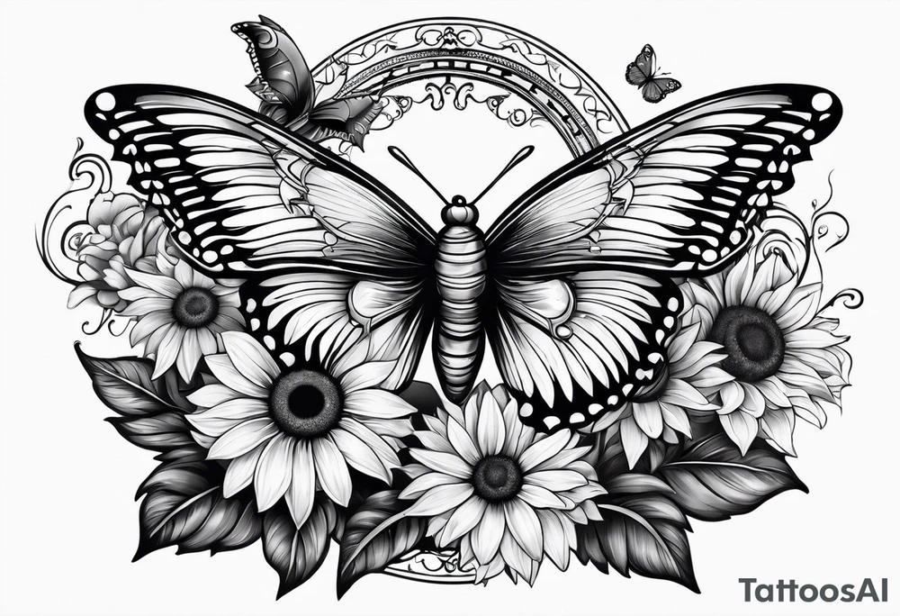 Arm sleeve with Winged cross with sunflower and butterflies tattoo idea