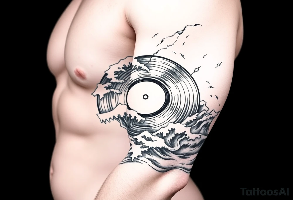 flat vinyl record with waves crashing on top of it tattoo idea