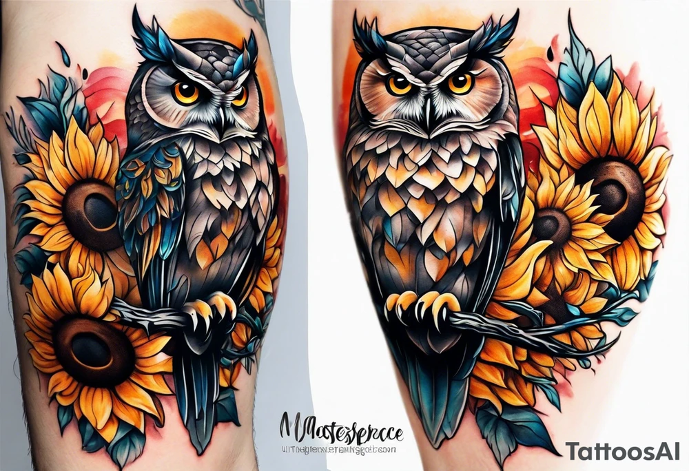 Owl with sunflowers leg sleeve tattoo idea