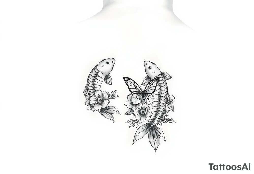 Two small koi fish wrap around wrist tattoo with flowers and butterfly on the wrist fine line tattoo idea