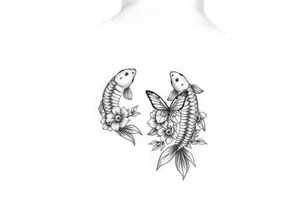 Two small koi fish wrap around wrist tattoo with flowers and butterfly on the wrist fine line tattoo idea