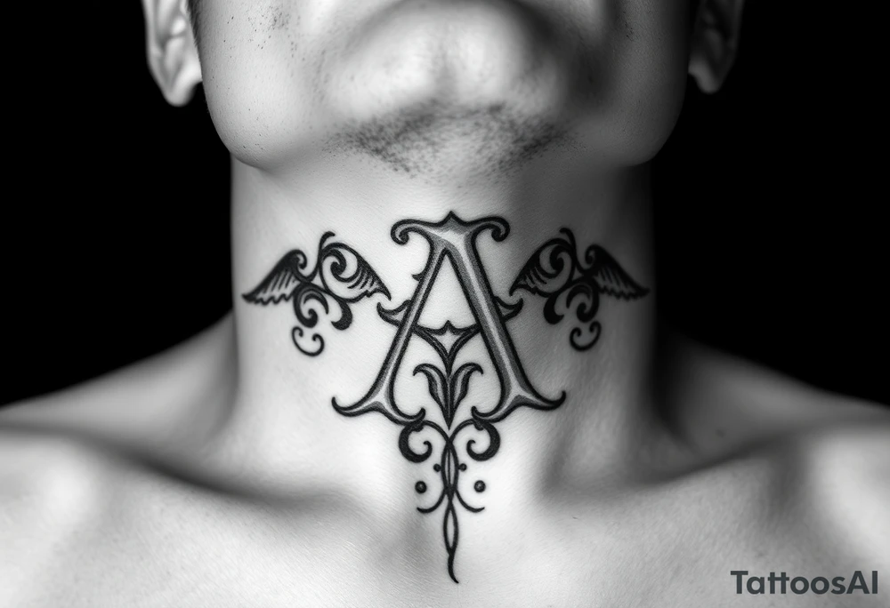 Create a center of the throat tattoo using old english font of Letter A with a background to cover whole throat area tattoo idea