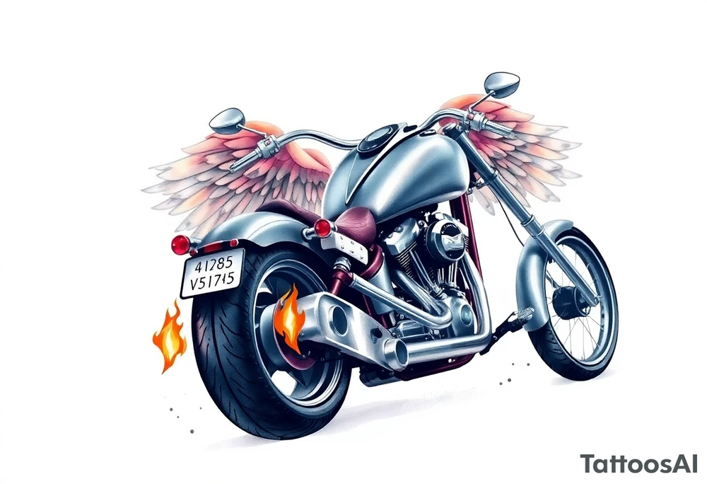 Low rider grey motorcycle, big muffler pipes with flames, angel wings, driving away, no person tattoo idea