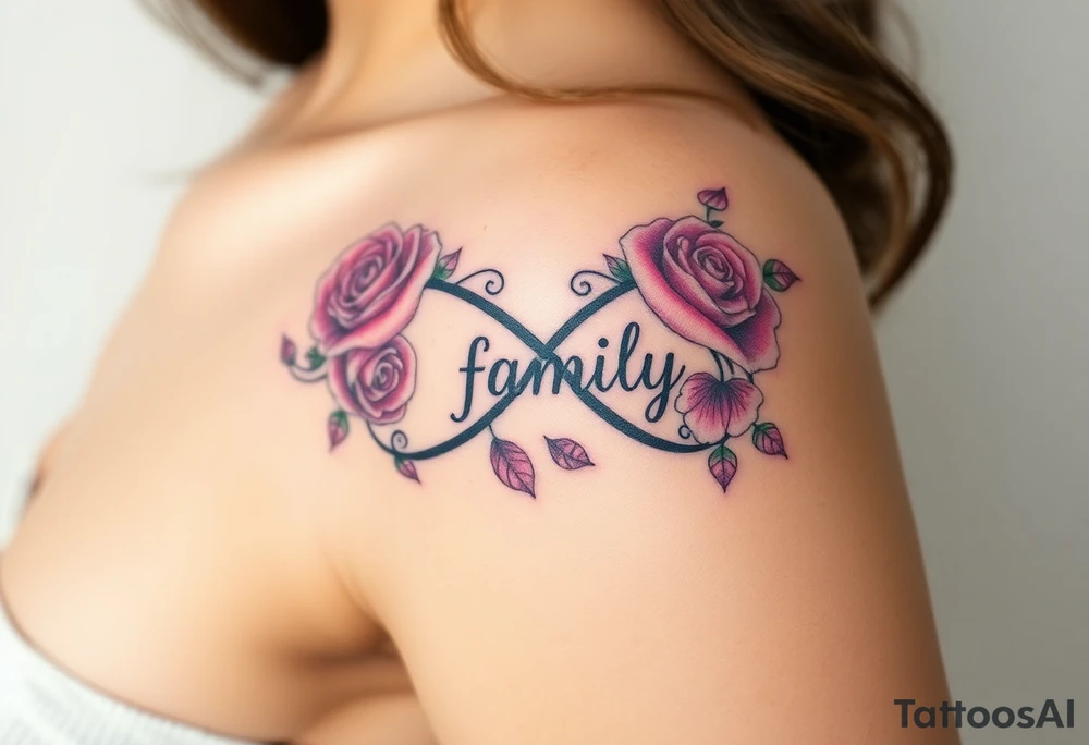 A infinity symbol made of delicate roses, with the word "family" carved into the petals tattoo idea