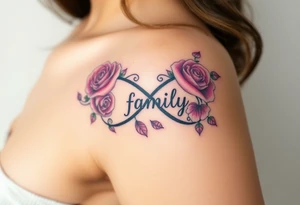 A infinity symbol made of delicate roses, with the word "family" carved into the petals tattoo idea