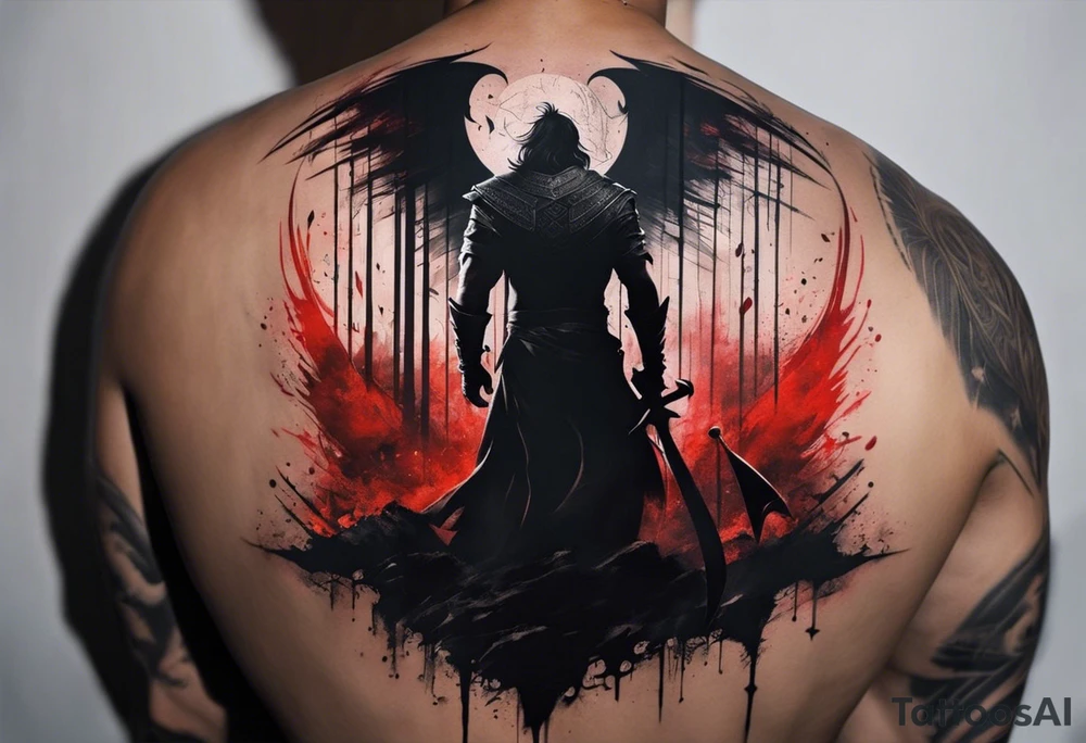 Certainly! Here’s a description for your back tattoo:

---

**Tattoo Description:**

Design: Black work, paint strokes.
Location: Back.
Concept: Dante's Inferno, representing the layers of hell.

**Design Details:**

1. **Vertical Lines:**
   - Two bold, vertical lines run parallel up the spine, symbolizing the journey through the depths of Dante's Inferno.

2. **Horizontal Lines:**
   - Nine horizontal lines intersect the vertical lines, each representing one of the nine circles of hell.
   - The lines descend down the back, each becoming progressively shorter and narrower to signify the decreasing levels of hell's circles.
   - The paint stroke style gives the lines a dynamic, brush-painted appearance, enhancing the dramatic and artistic effect.

3. **Overall Style:**
   - The black work technique ensures a striking contrast, with deep black ink emphasizing the severity and depth of the concept.
   - The paint stroke style adds an element of fluidity and movement, symbolizing the chaotic and tortured nature of hell as depicted in Dante’s Inferno.

---

This description provides a clear and detailed vision for your tattoo artist to work from, capturing the essence and symbolism of Dante’s Inferno in a powerful and visually striking way. tattoo idea