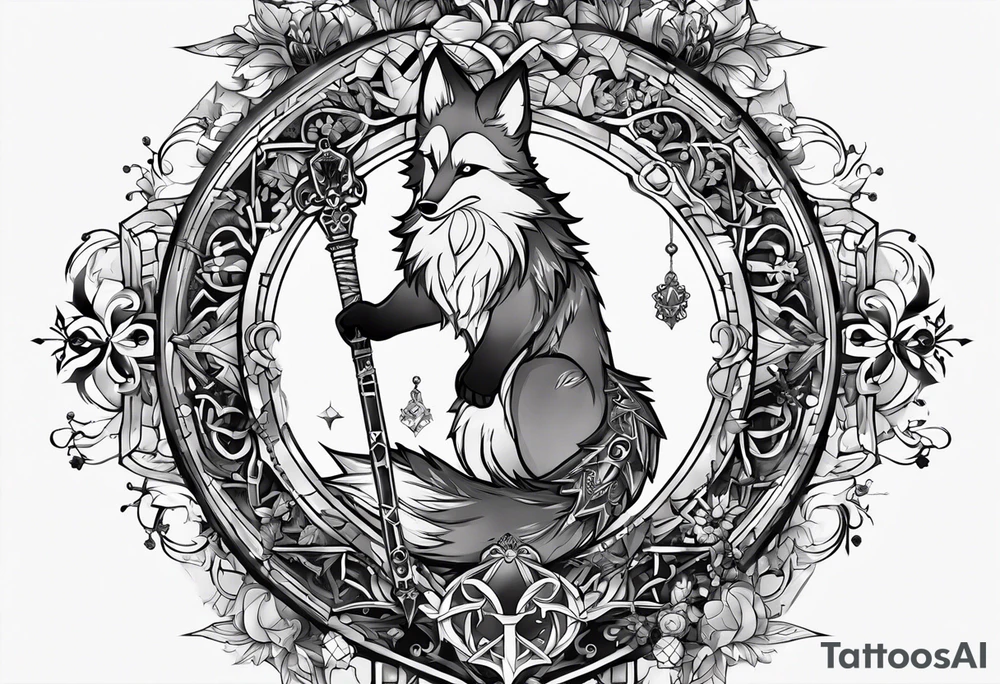 Renard sur un fond boussole. Il faut une clé ( style keyblade dans kingdom hearts. Tatouage sur l'avant bras tattoo idea