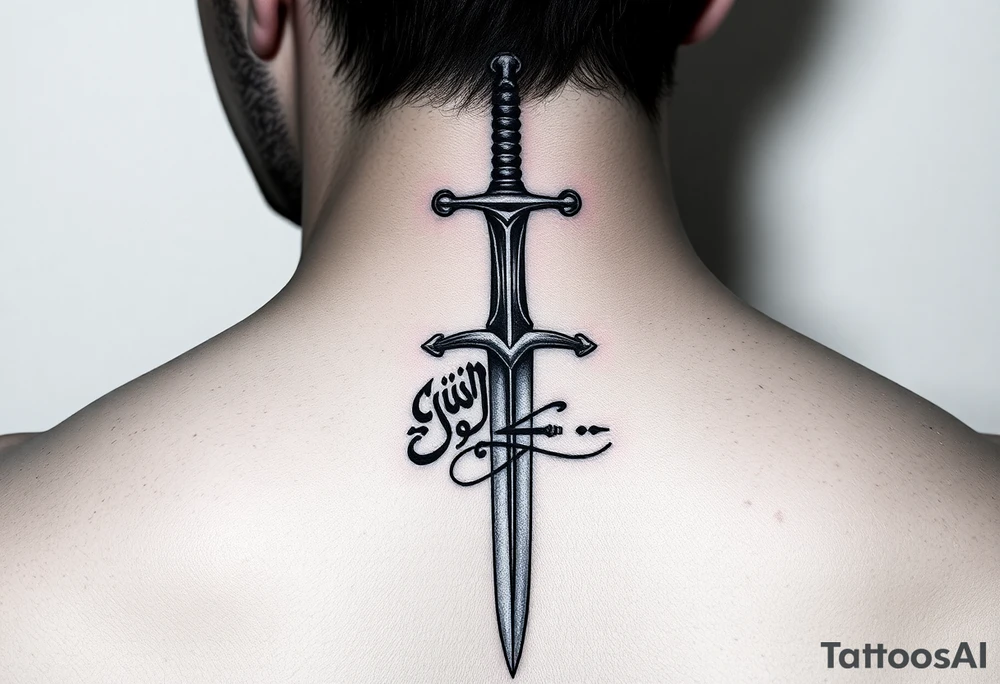 French style sword vertically down spine with arabic calligraphy and gothic style tattoo idea
