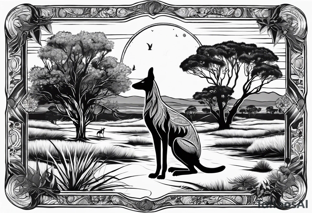 Outback with Uluṟu, a kangaroo, a dingo and an emu. tattoo idea