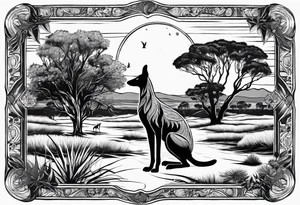 Outback with Uluṟu, a kangaroo, a dingo and an emu. tattoo idea