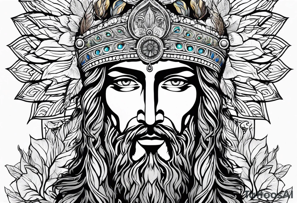 flat stern byzantine Christ with all-demanding eyes with a halo made of peacock feathers and pecan trees tattoo idea