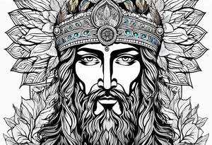 flat stern byzantine Christ with all-demanding eyes with a halo made of peacock feathers and pecan trees tattoo idea