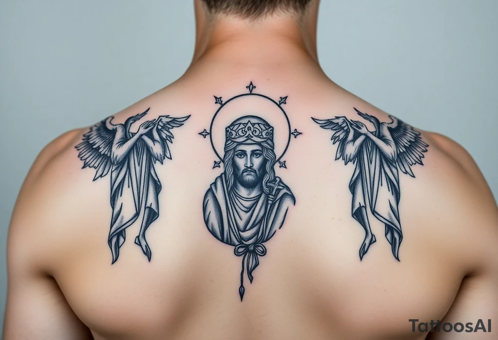 russian orthodox symmetrical guardian angel icon on left and right side of back with both angels holding up a jesus potrait tattoo idea