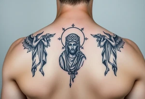russian orthodox symmetrical guardian angel icon on left and right side of back with both angels holding up a jesus potrait tattoo idea