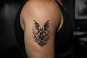 Winged air demon emerging from a vortex of wind. tattoo idea