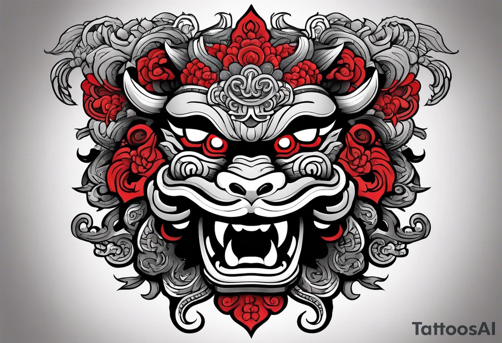 Black and white, grey with red and scarlet accent. Japanese Shisa Okinawa, Thai yak/giant and Thai naga. Image of protection. tattoo idea