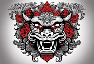 Black and white, grey with red and scarlet accent. Japanese Shisa Okinawa, Thai yak/giant and Thai naga. Image of protection. tattoo idea