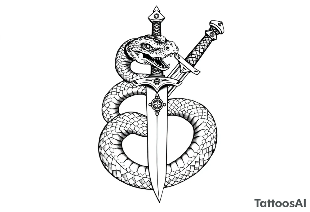 mystical snake coiled around an ancient dagger with jeweled hilt tattoo idea