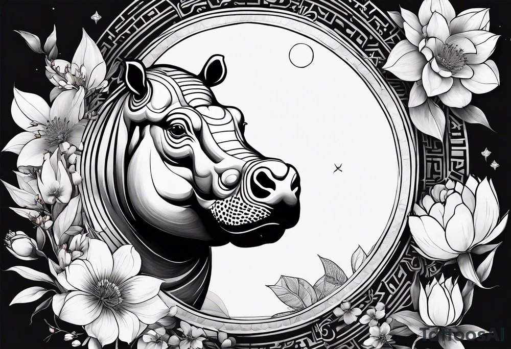 Very asymmetrical, +geometric pattern, with realistic full moon, with seeious looking hippo, +zen feel, + Buddhism touch,
with wintersweet flower bud, +portrait orientation, +inkart touch, tattoo idea