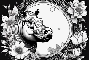 Very asymmetrical, +geometric pattern, with realistic full moon, with seeious looking hippo, +zen feel, + Buddhism touch,
with wintersweet flower bud, +portrait orientation, +inkart touch, tattoo idea