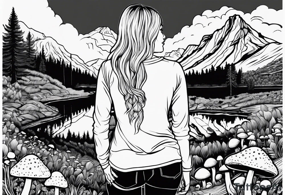 Whole picture encircled fully

Straight long blonde hair hippie girl in distance holding mushrooms in hand facing away toward mountains and creek surrounded by mushrooms long sleeve shirt and hiking pants; whole rendering within a full circle, no cut off circle tattoo idea