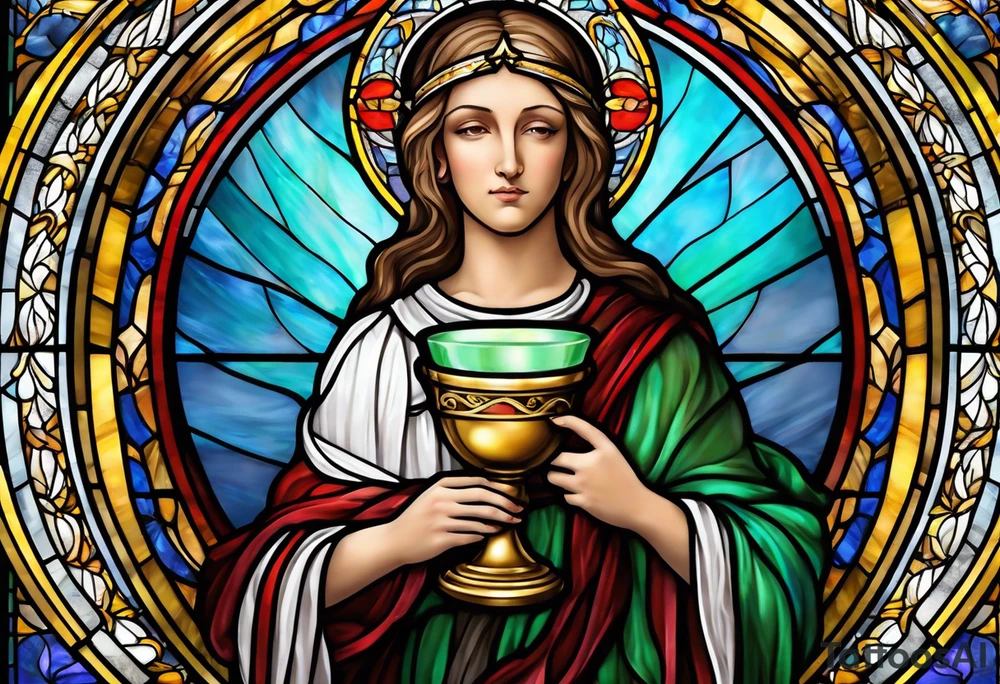 holy saint stained glass holding a chalice tattoo idea