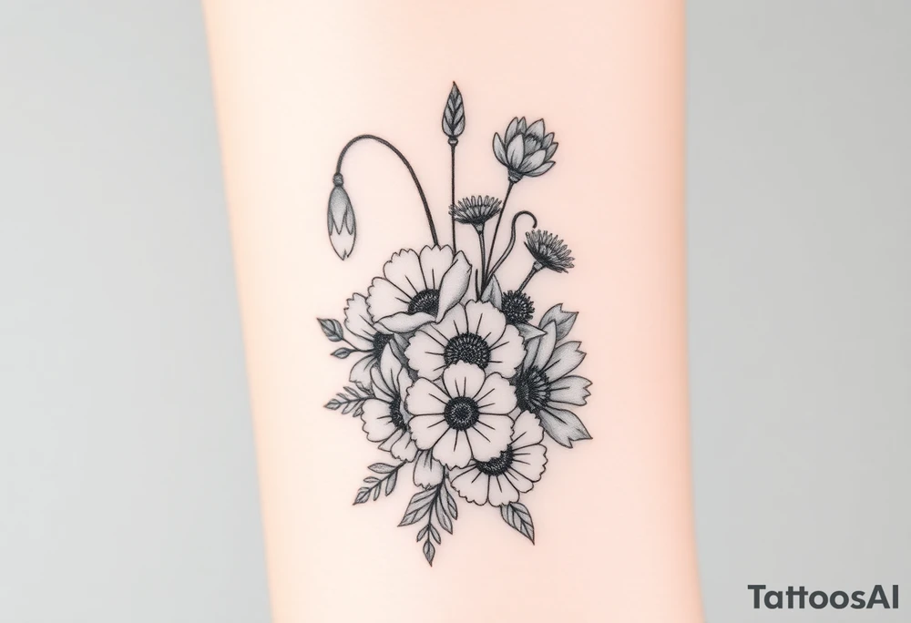 Bouquet of snowdrop, honeysuckle, poppy, aster and cosmos tattoo idea