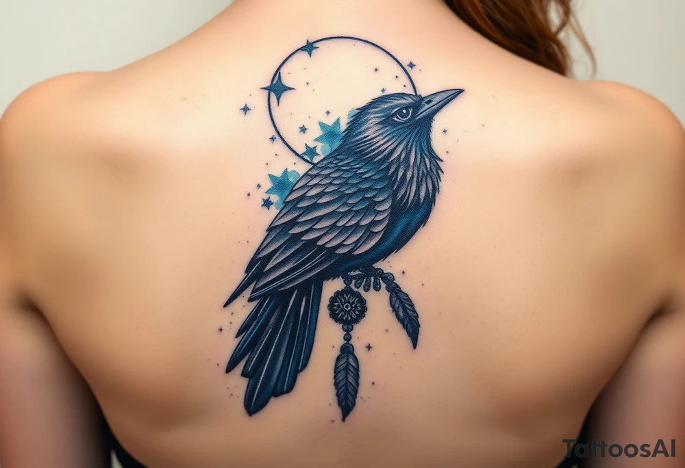 Raven dream catcher milky way moon shooting star tattoo idea